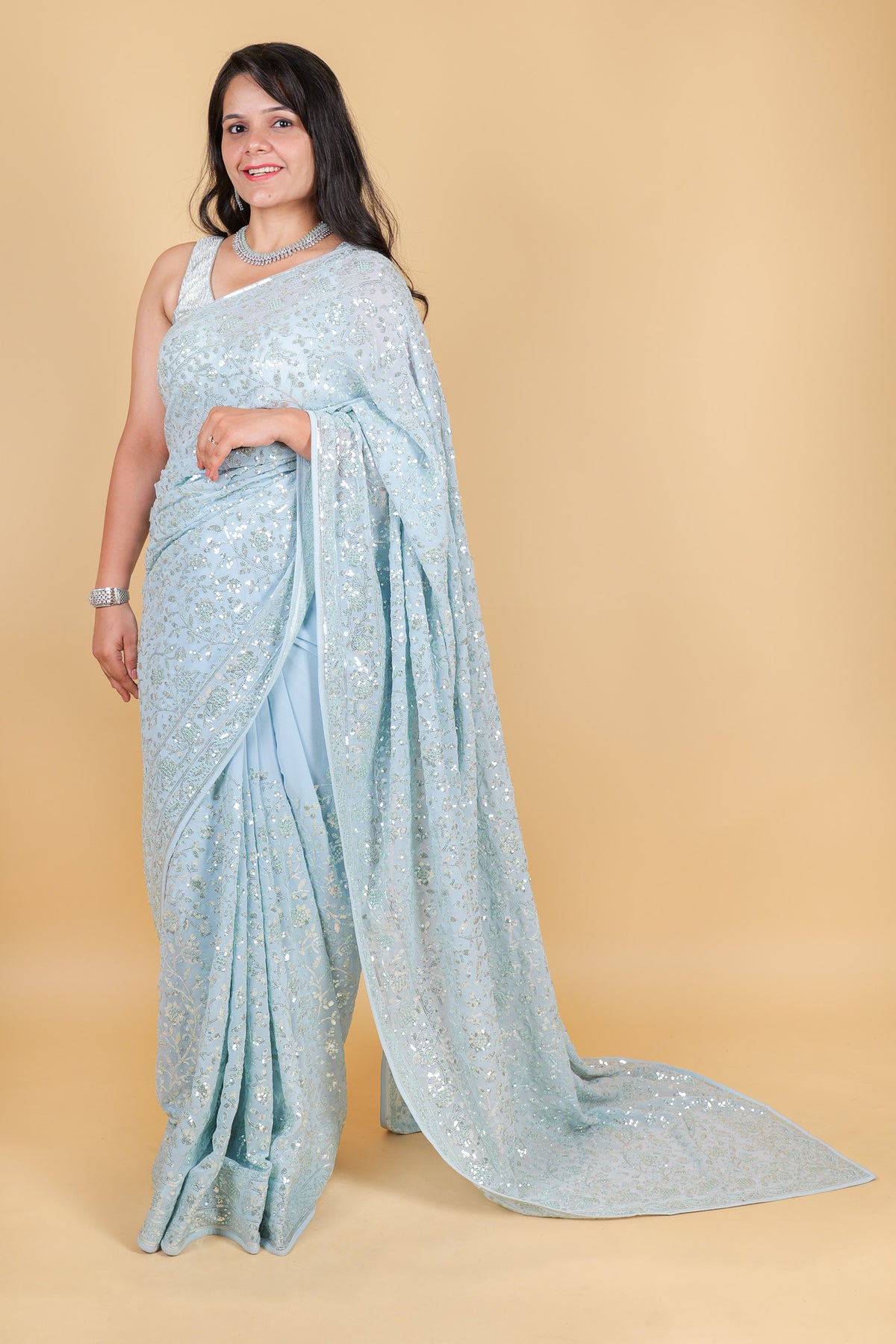 Georgette saree with sequins - Blue