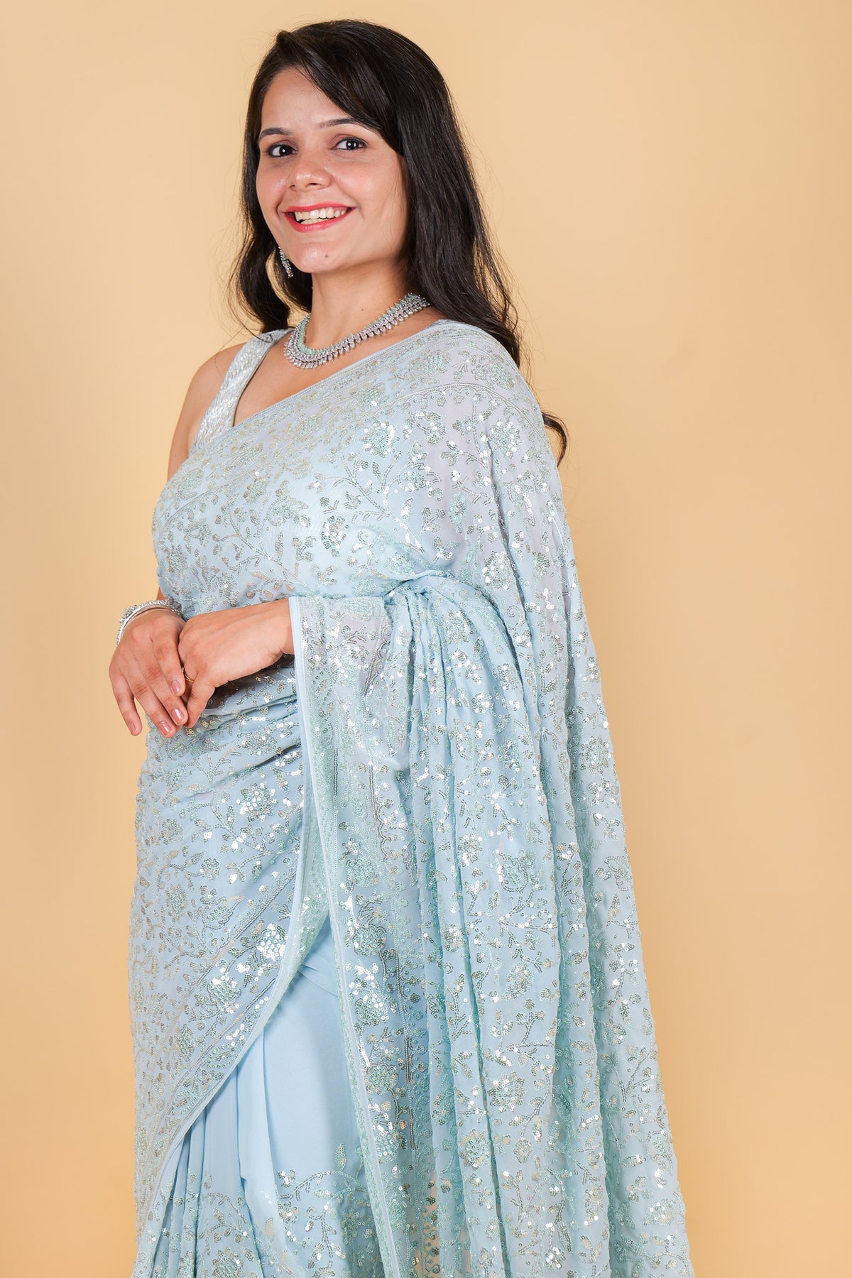 Georgette saree with sequins - Blue