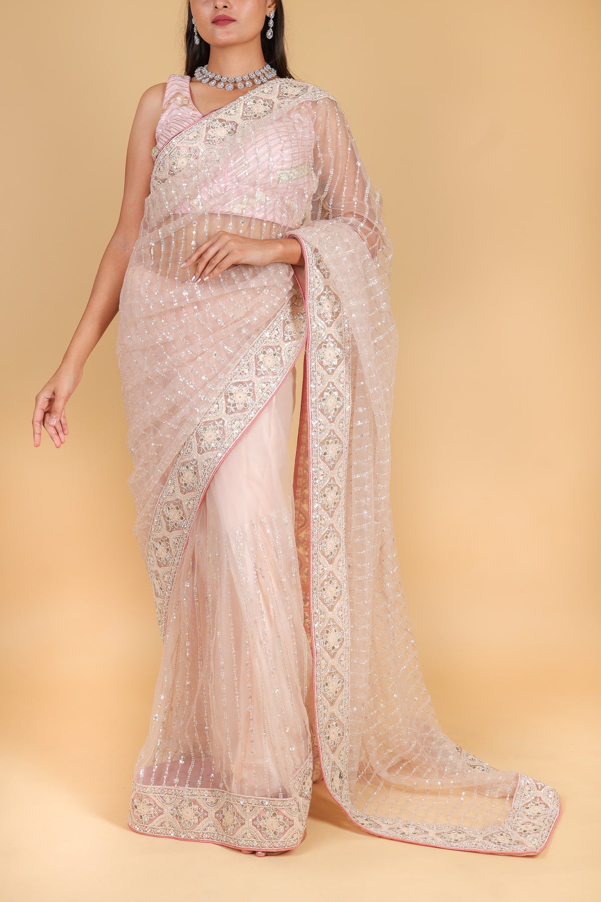 Net designer saree with thread embroidery and sequin work - pink color