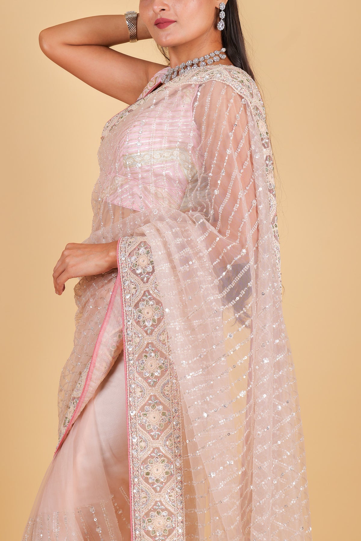 Net designer saree with thread embroidery and sequin work - pink color