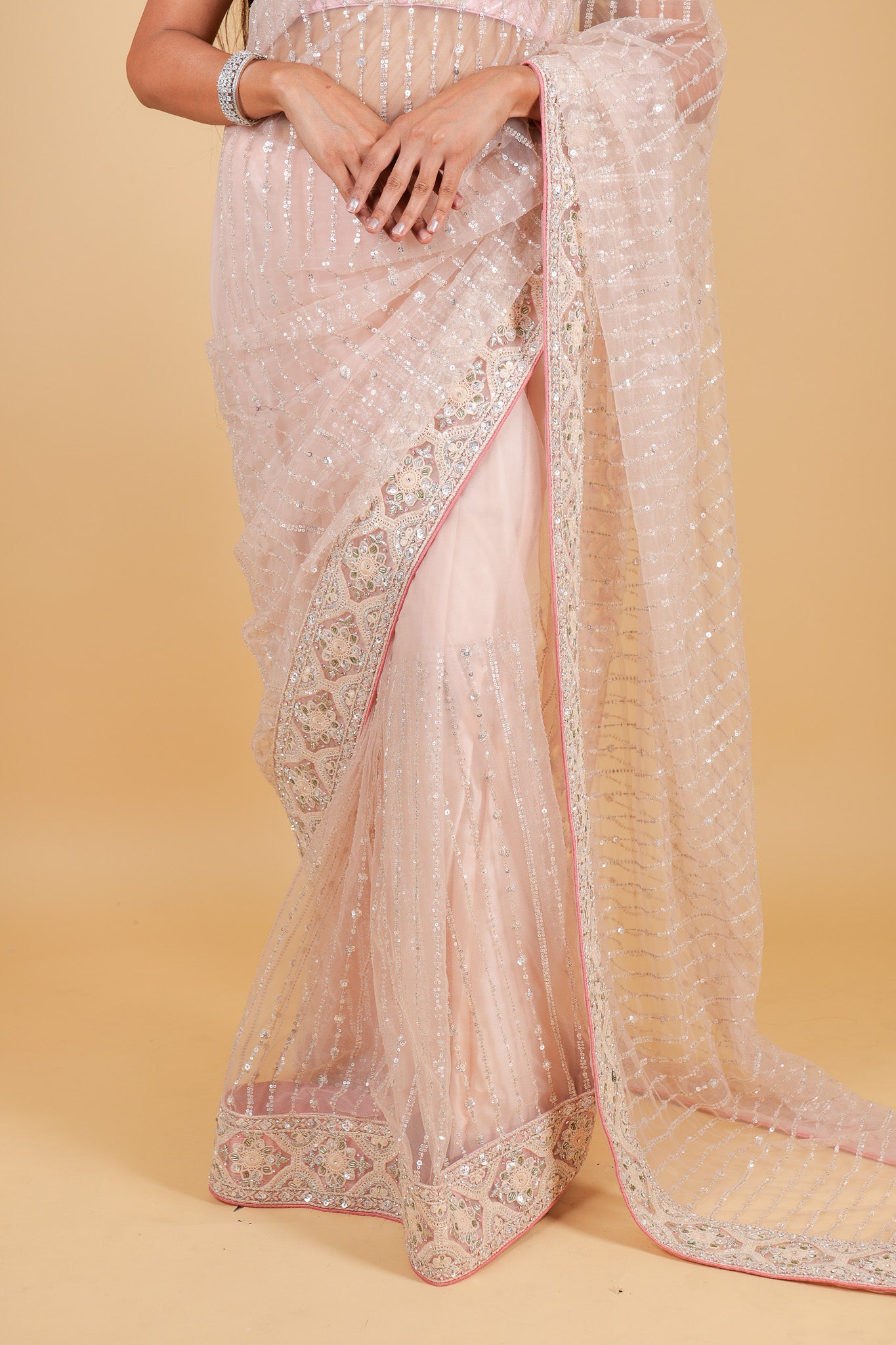 Net designer saree with thread embroidery and sequin work - pink color