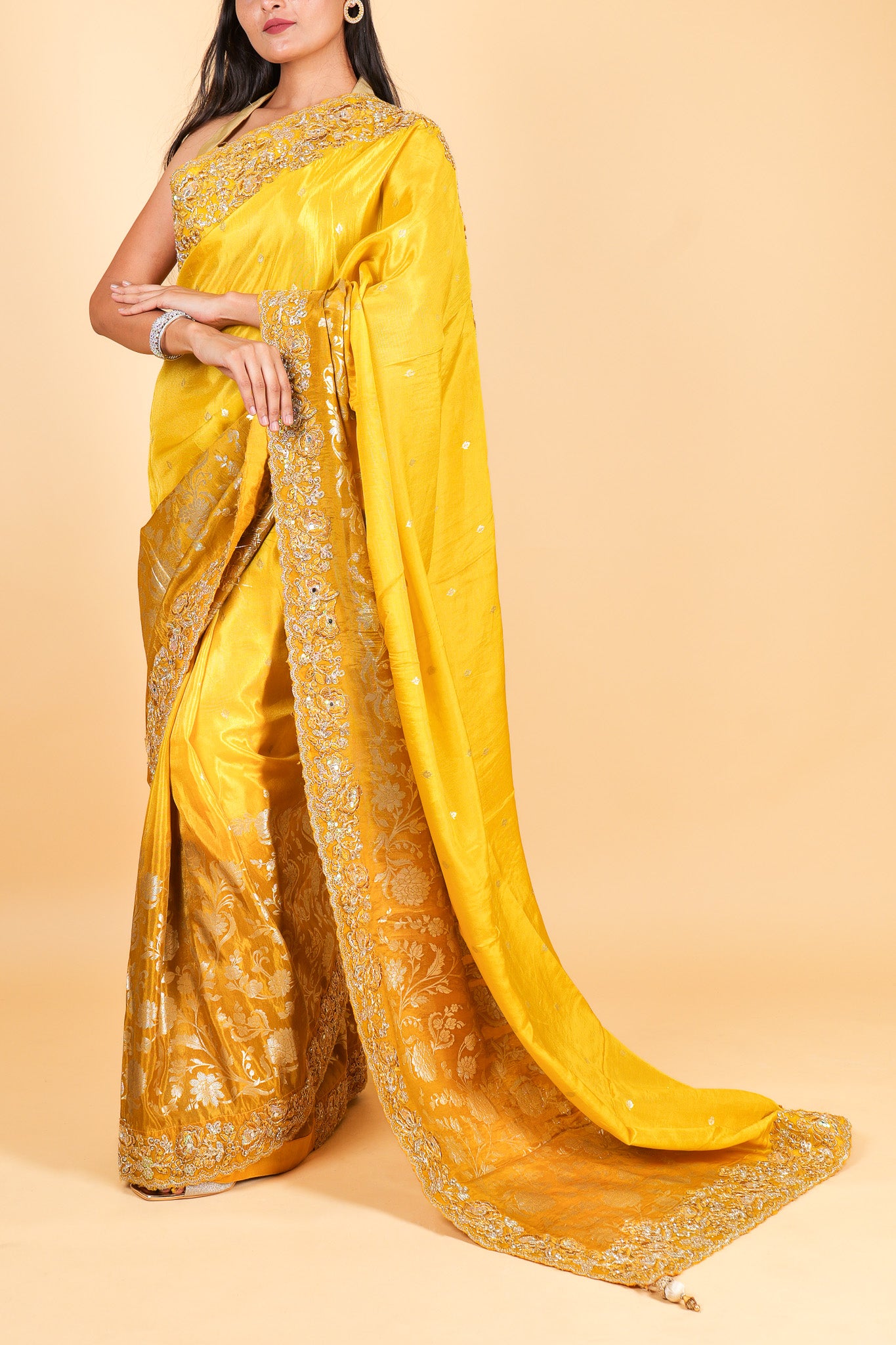 Silk designer saree with weaving and zardozi work