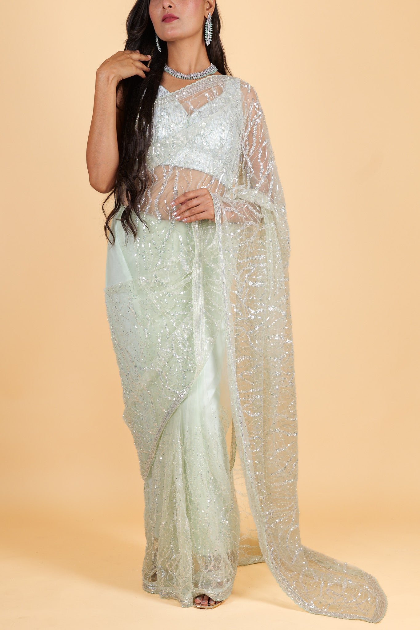 Net designer Saree with sequin work - green