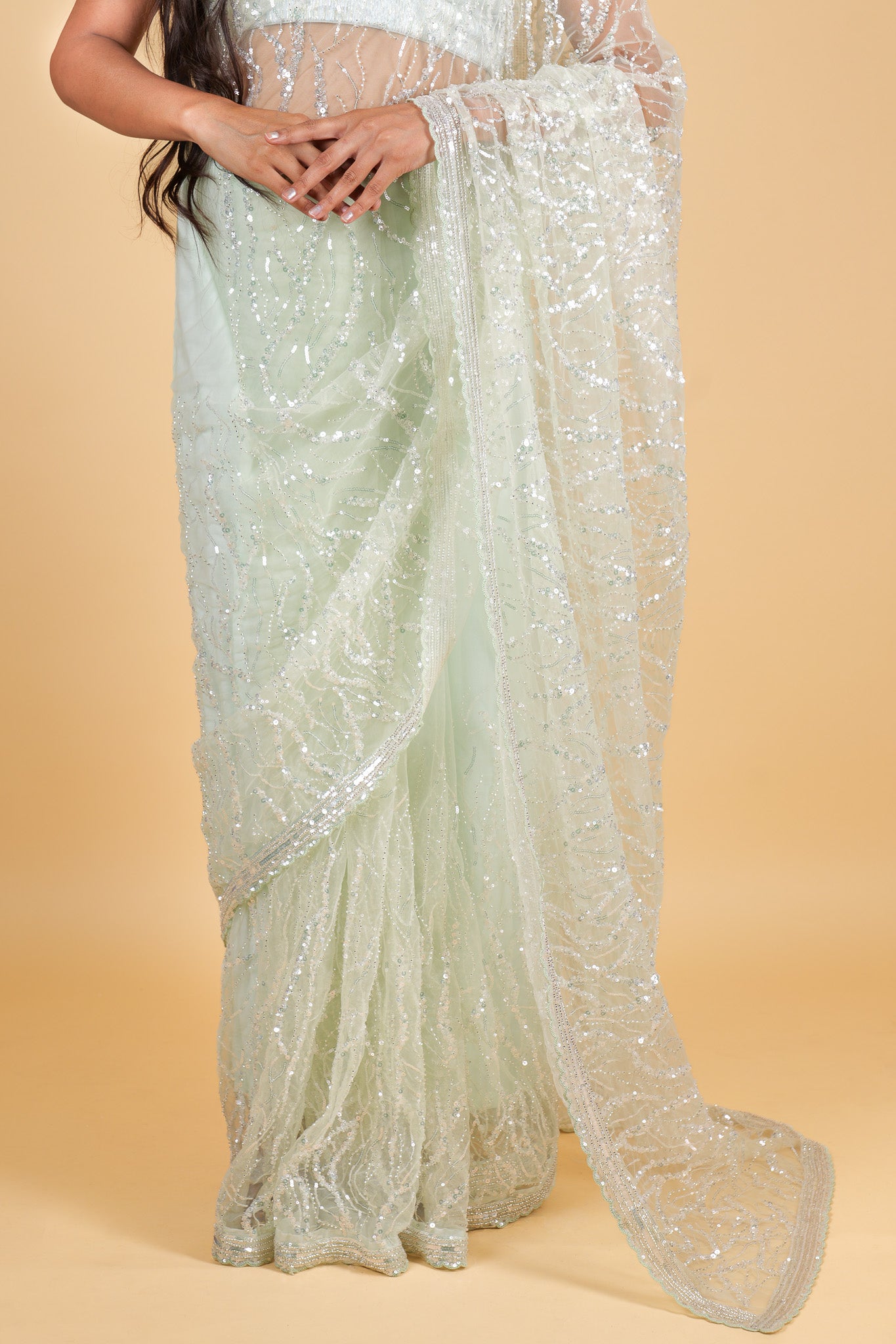 Net designer Saree with sequin work - green