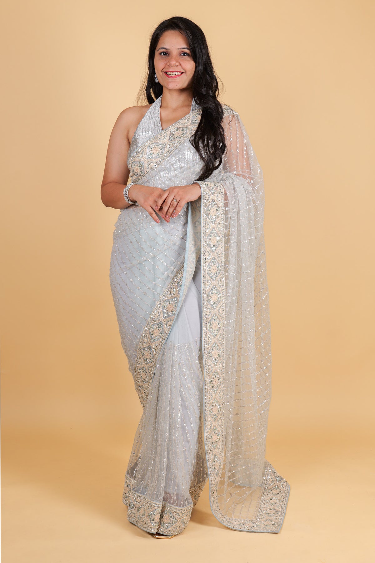 Net designer saree with thread embroidery and sequin work - bluish grey color