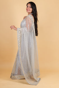 Net designer saree with thread embroidery and sequin work - bluish grey color