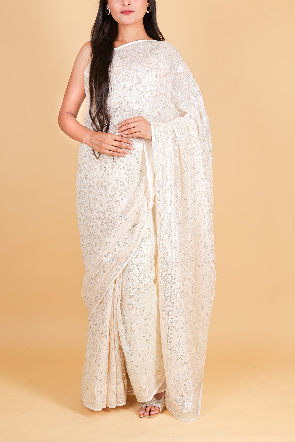 Georgette saree with sequins - Cream