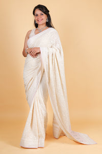 Georgette with chikankari work, sequins and mukesh - Off White Pink