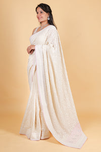 Georgette with chikankari work, sequins and mukesh - Off White Pink