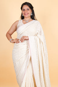 Georgette with chikankari work, sequins and mukesh - Off White Pink