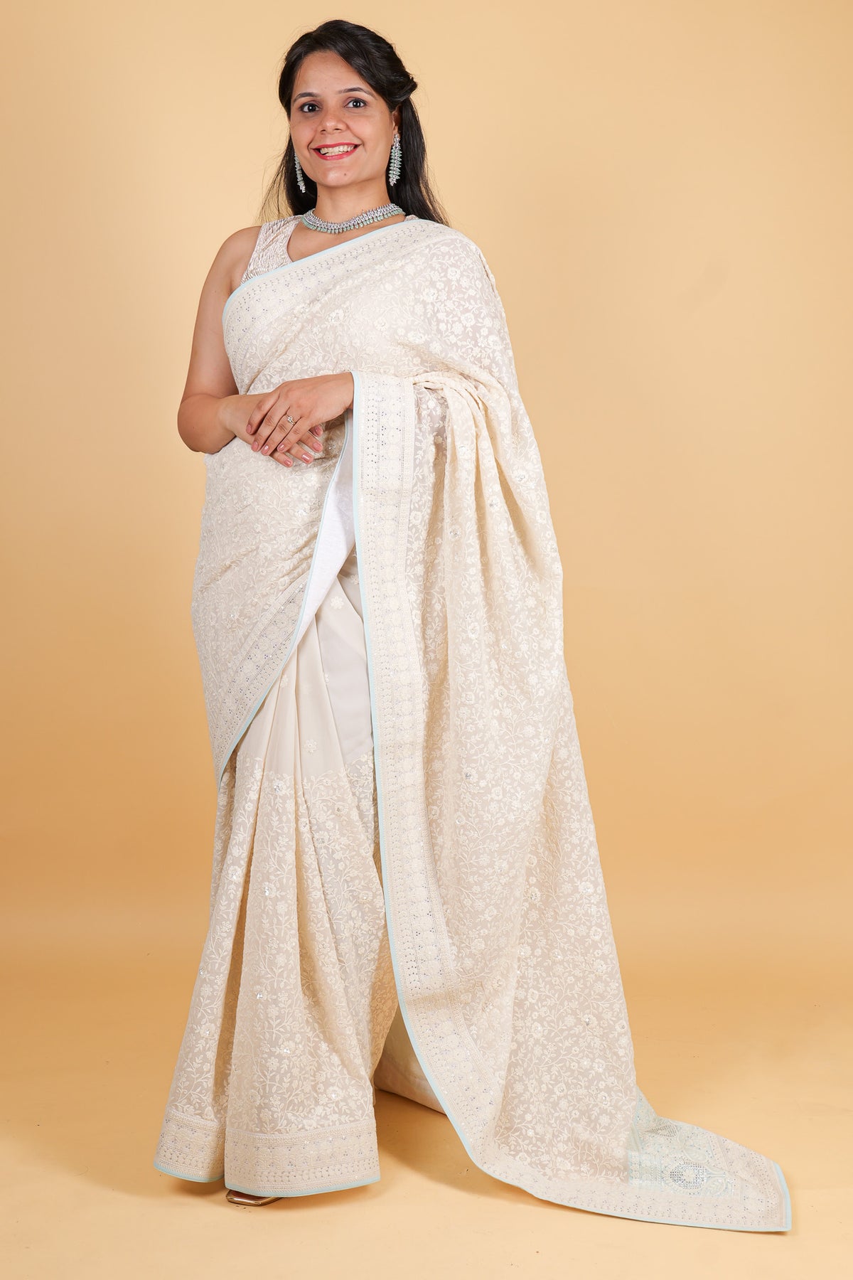 Georgette with chikankari work, sequins and mukesh - Off White Blue