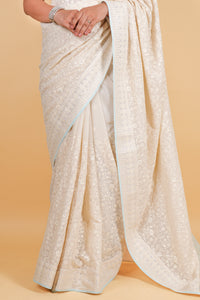 Georgette with chikankari work, sequins and mukesh - Off White Blue