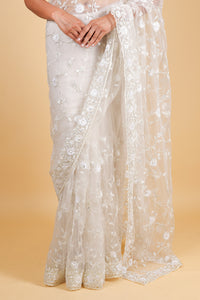 Net designer saree with thread embroidery and sequin work - cream color