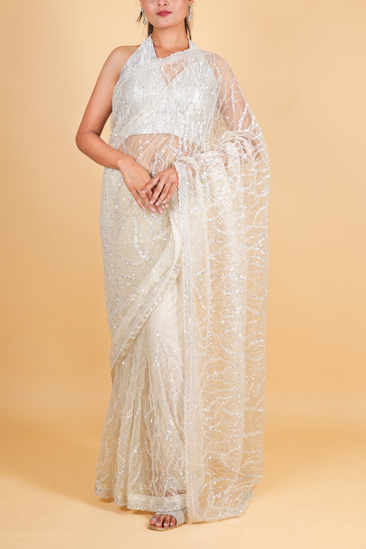 Net designer Saree with sequin work - off white