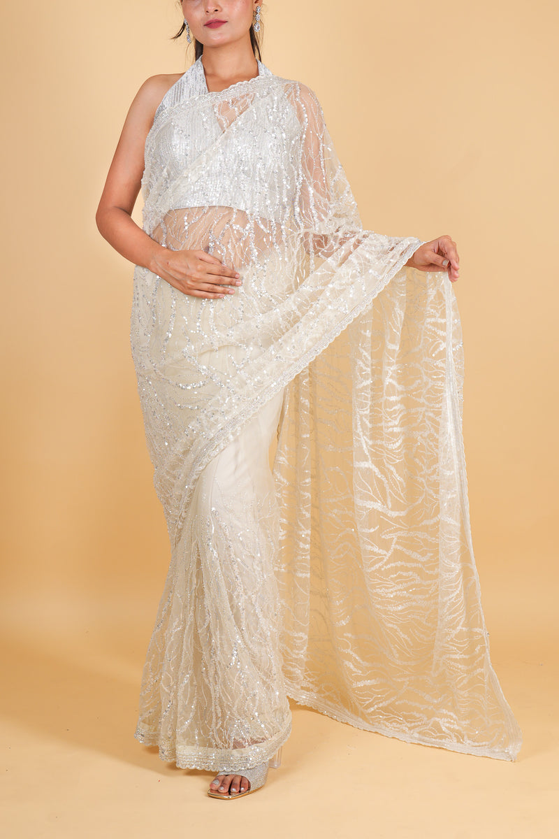 Net designer Saree with sequin work - off white