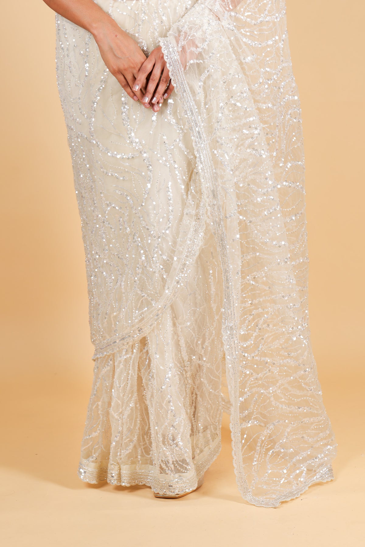 Net designer Saree with sequin work - off white