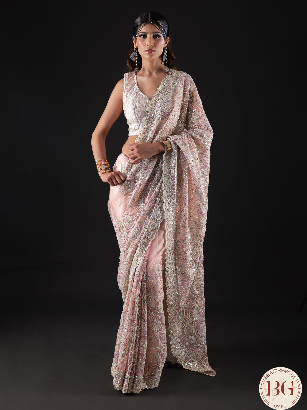 Designer Net saree with swarosvki, sequin and thread work - pink