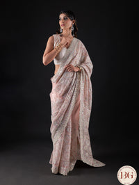 Designer Net saree with swarosvki, sequin and thread work - pink