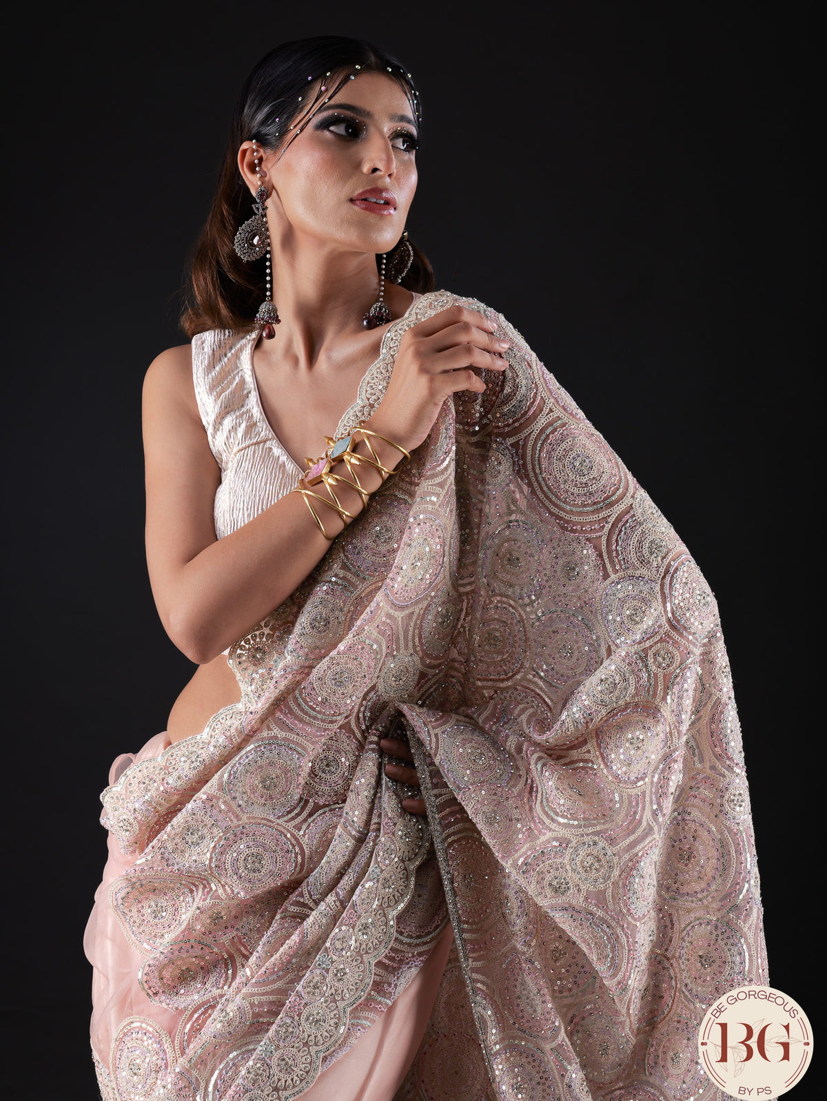 Designer Net saree with swarosvki, sequin and thread work - pink