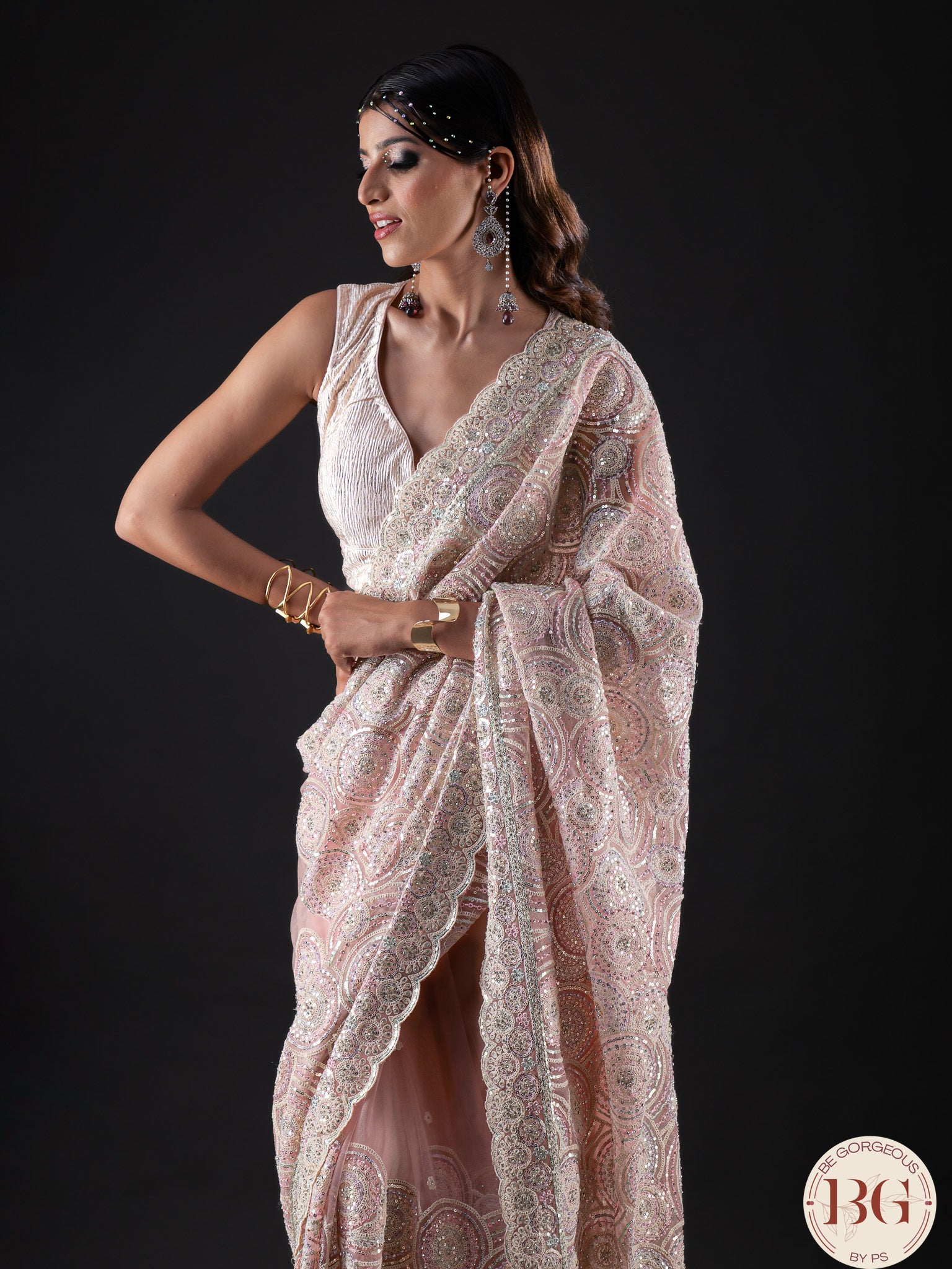 Designer Net saree with swarosvki, sequin and thread work - pink