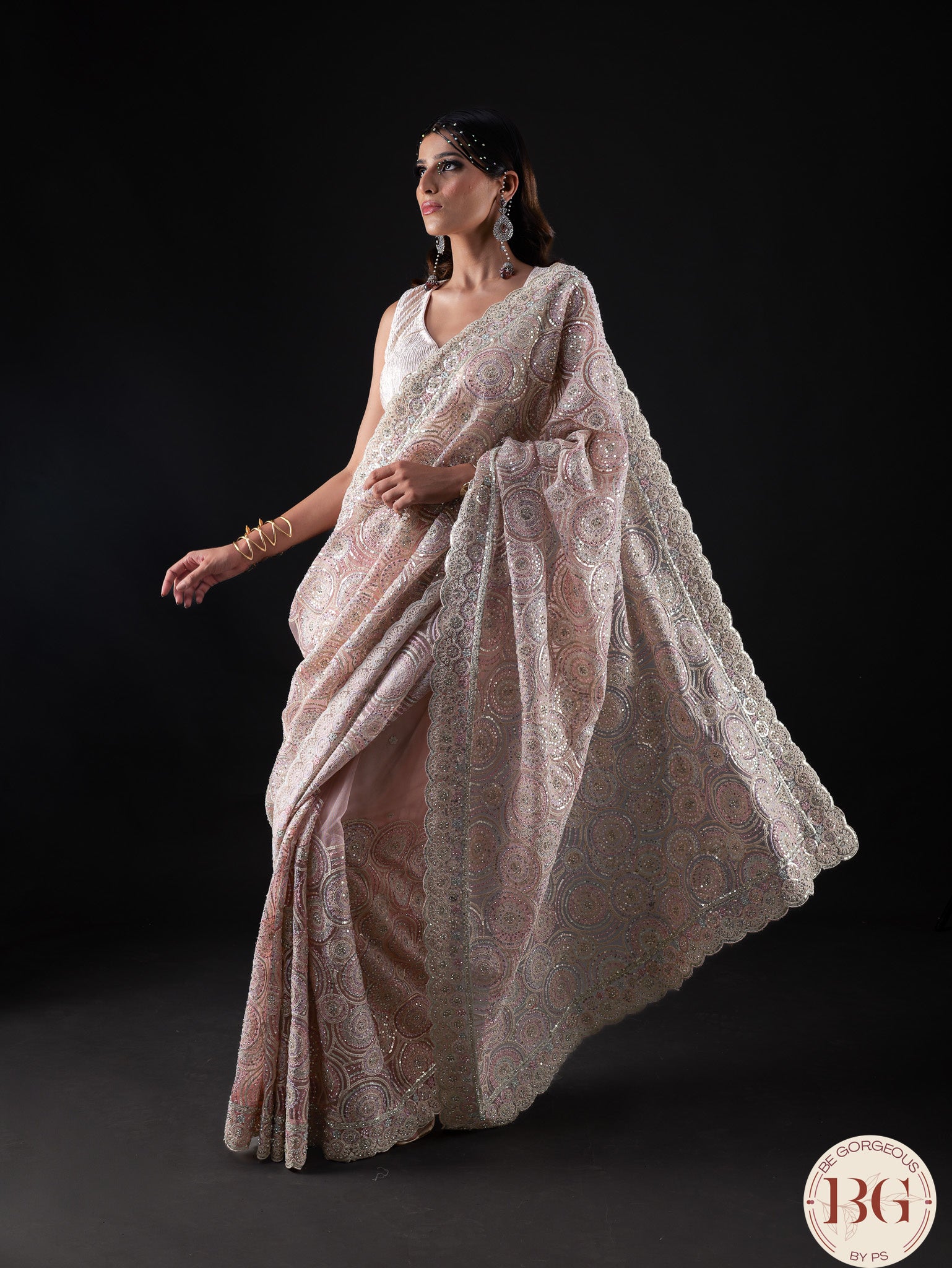 Designer Net saree with swarosvki, sequin and thread work - pink