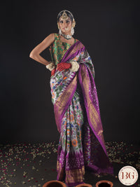 Ikkat Pure silk handloom saree with kalamkari - Grey Purple