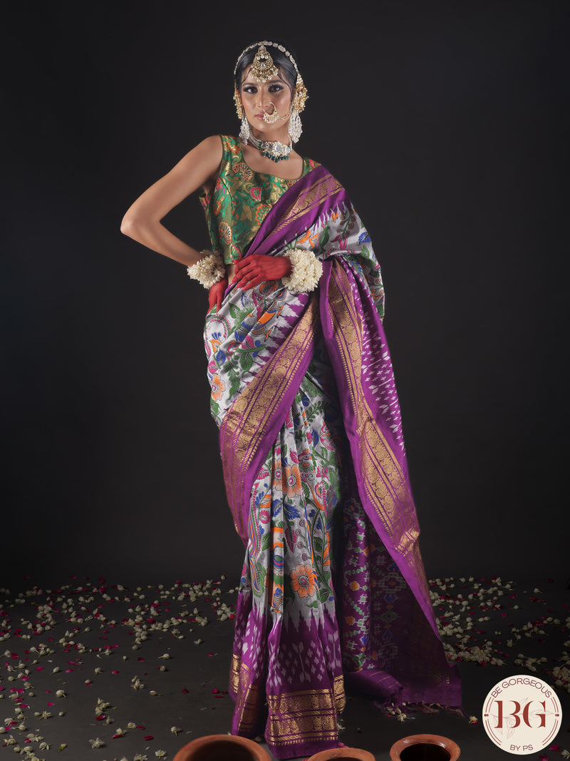 Ikkat Pure silk handloom saree with kalamkari - Grey Purple