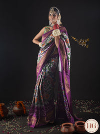 Ikkat Pure silk handloom saree with kalamkari - Grey Purple