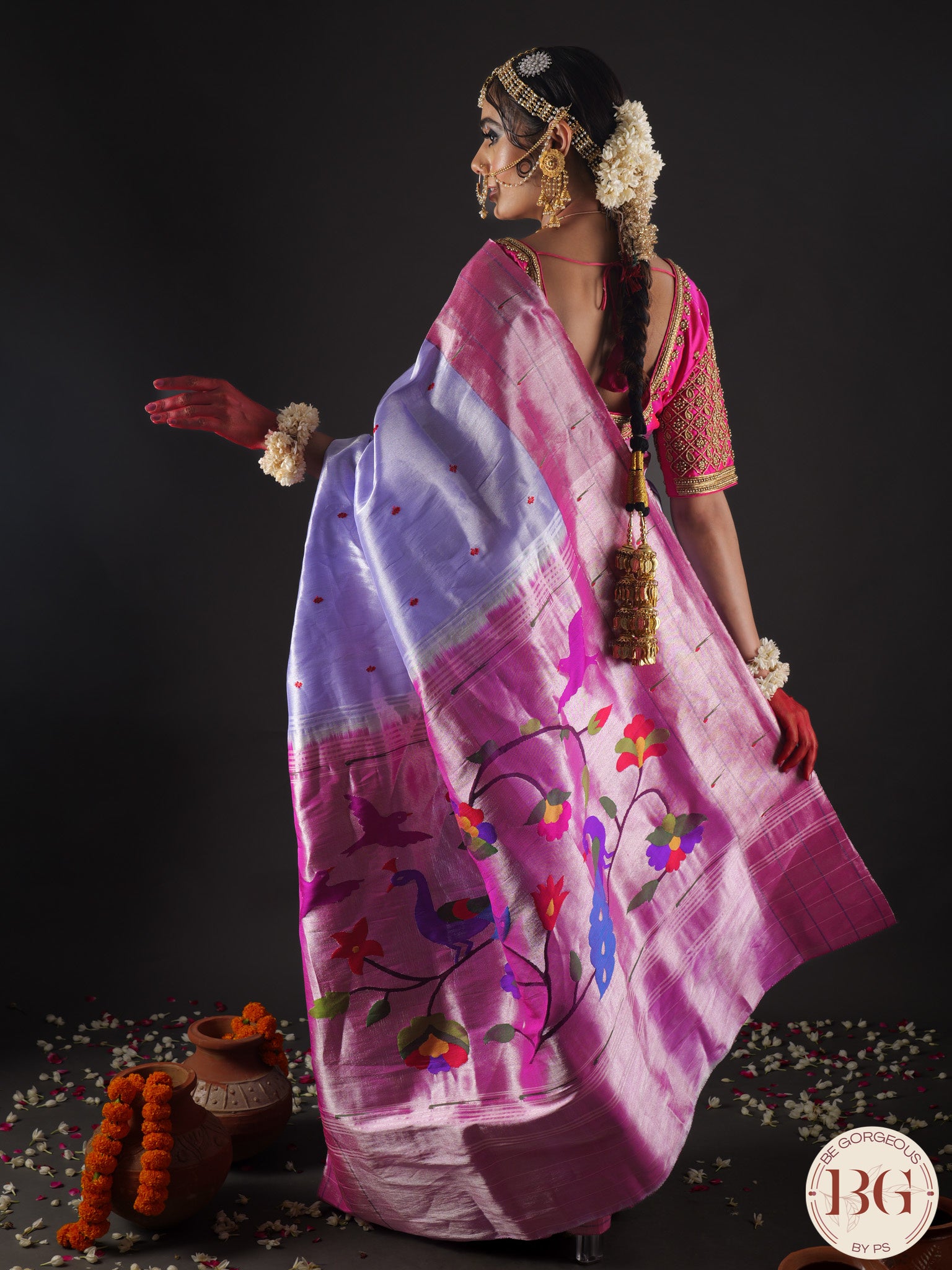 Paithani Pure silk handloom saree with Triple muniya - Ice Blue Pink