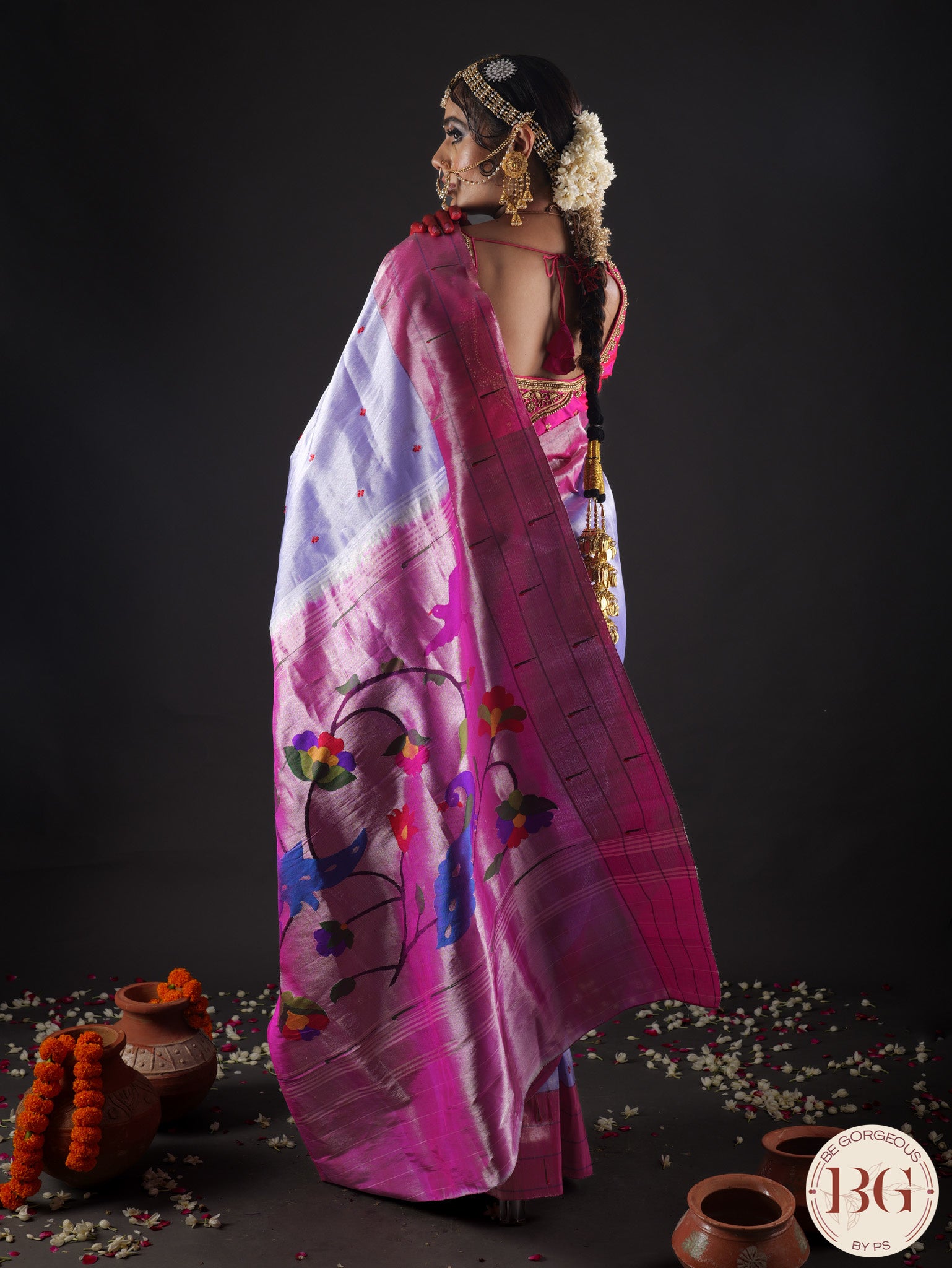 Paithani Pure silk handloom saree with Triple muniya - Ice Blue Pink