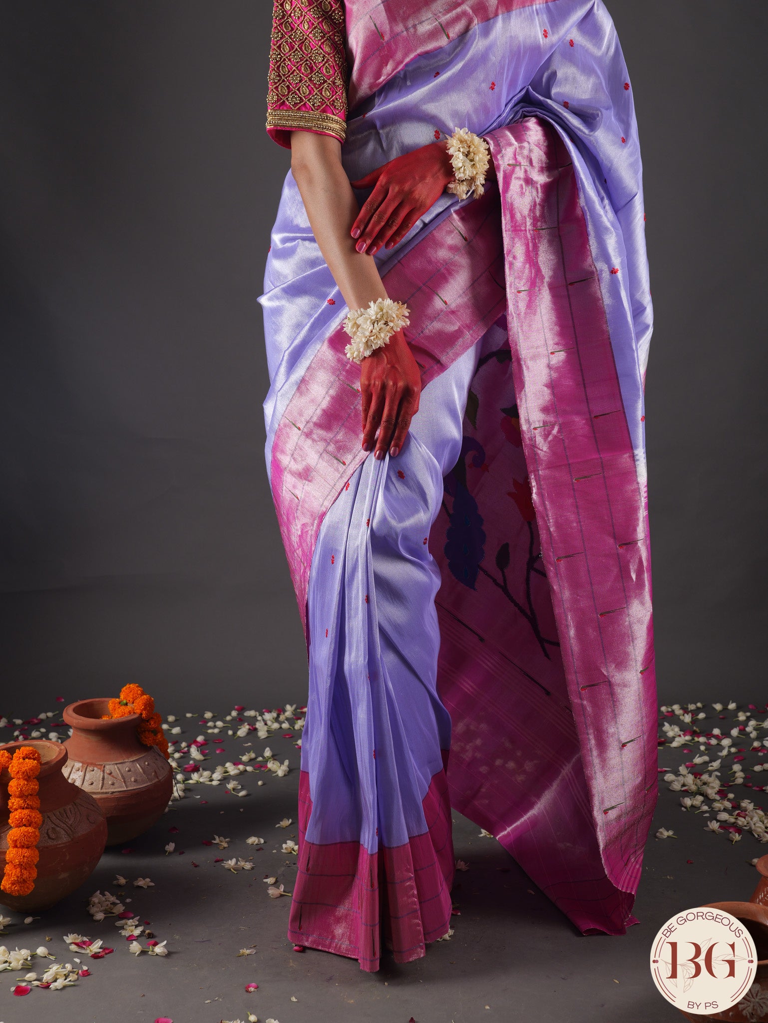 Paithani Pure silk handloom saree with Triple muniya - Ice Blue Pink