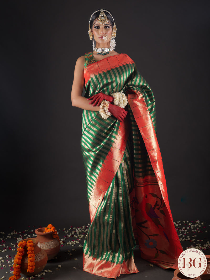 Paithani Pure silk handloom saree with Single muniya - Green