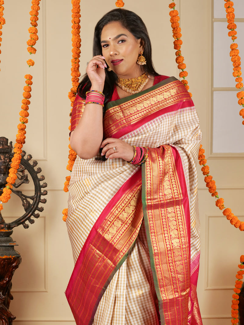 Gadwal Pure Silk Handloom Silk saree color - cream and megenta