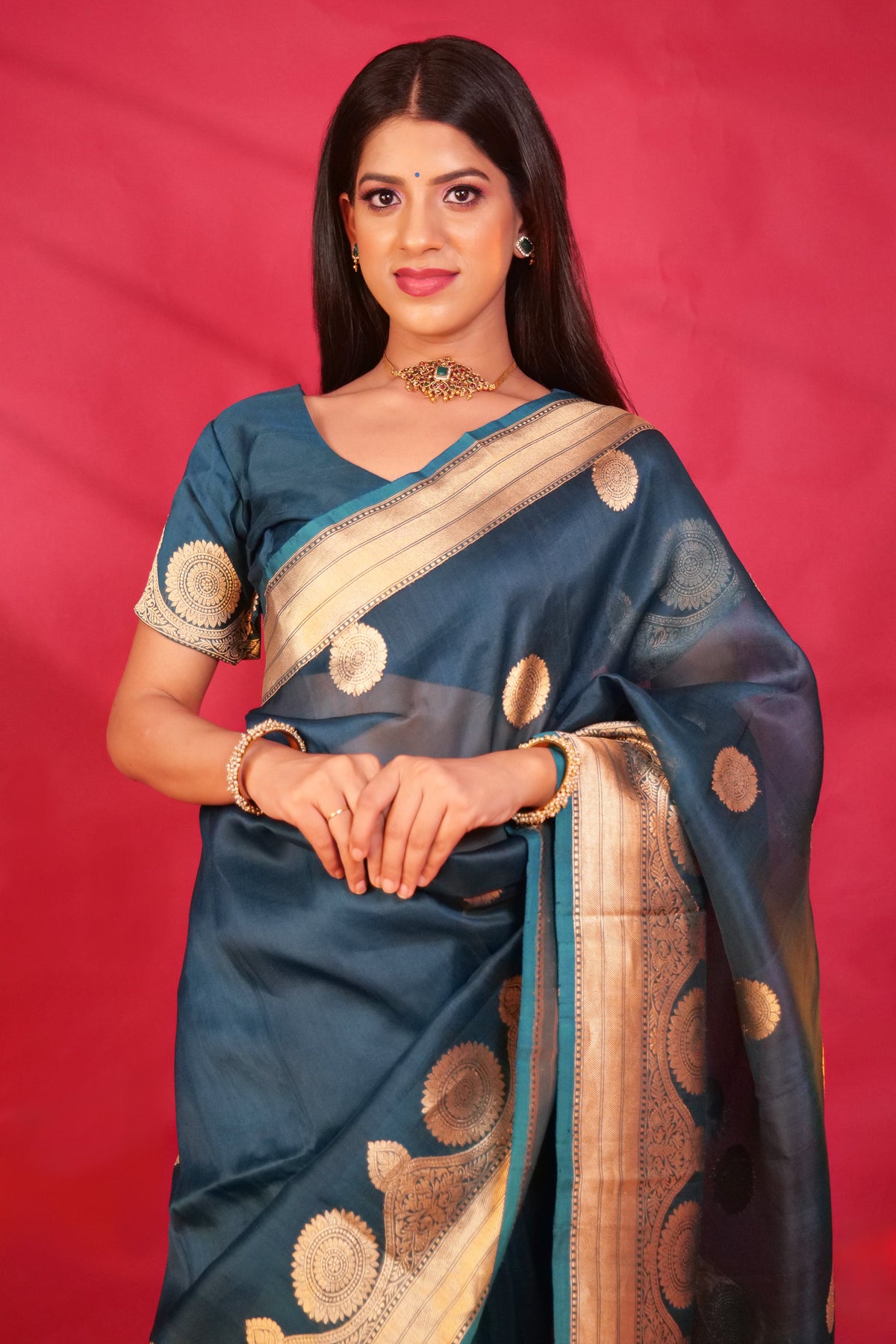 Banarasi Kora Organza Silk Saree Handloom saree color - peacock blue