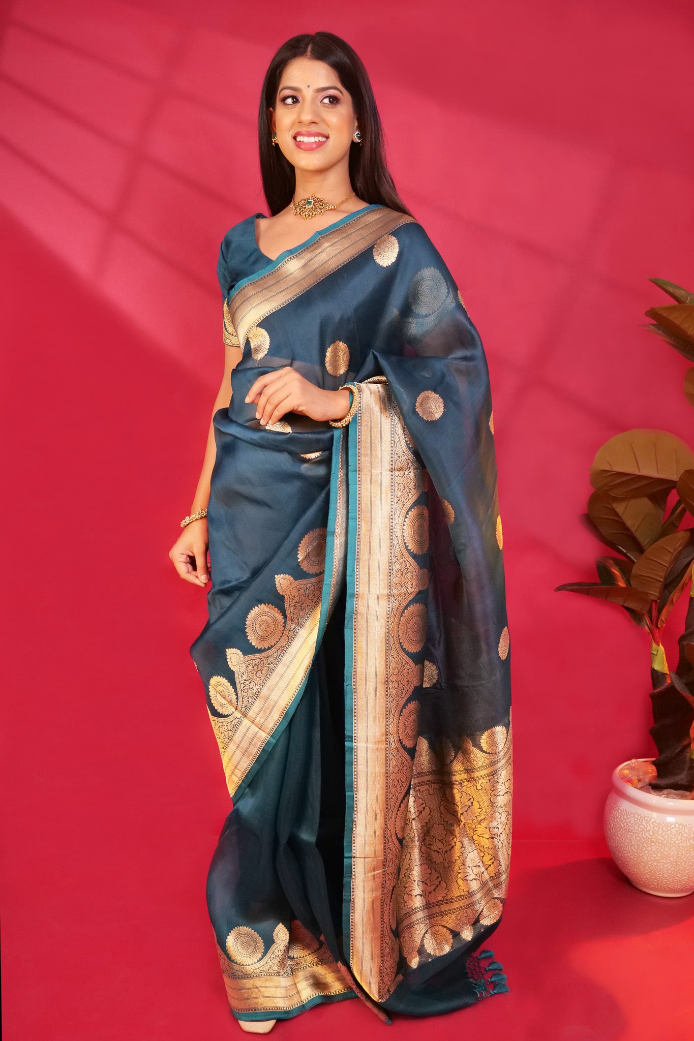 Banarasi Kora Organza Silk Saree Handloom saree color - peacock blue