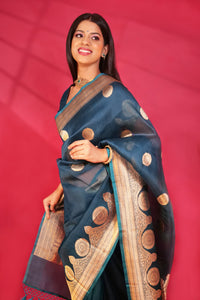 Banarasi Kora Organza Silk Saree Handloom saree color - peacock blue