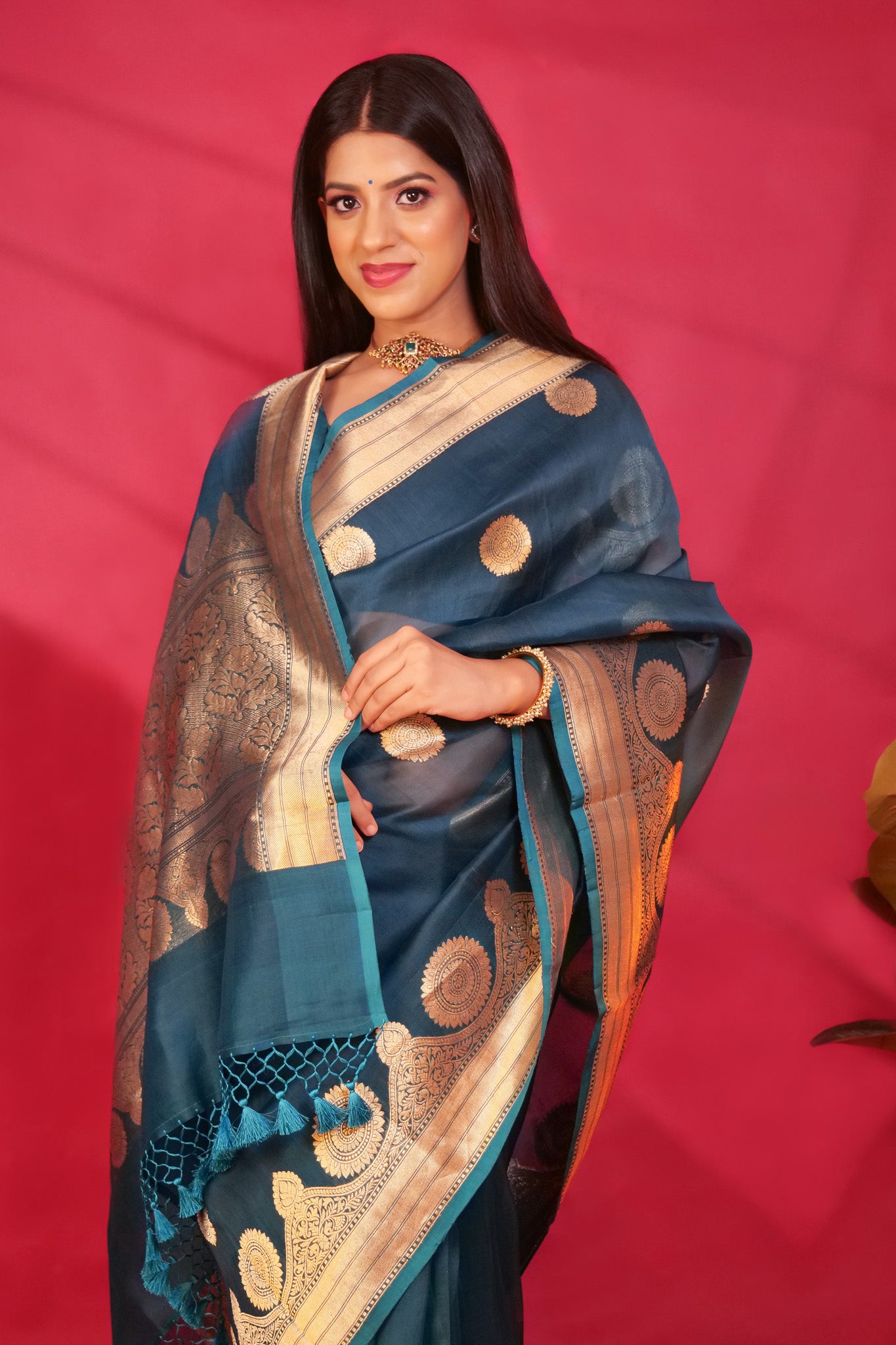 Banarasi Kora Organza Silk Saree Handloom saree color - peacock blue