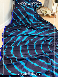 Mulmul Cotton saree with pompom - Tie Dye print saree color - blue