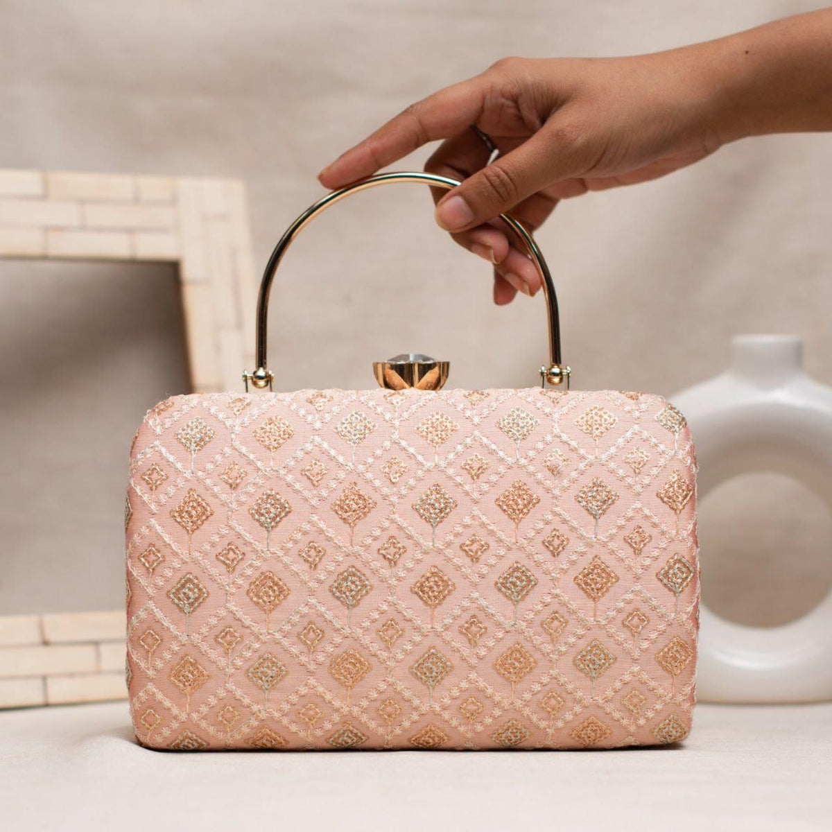 Chikankari box clutch/purse - peach