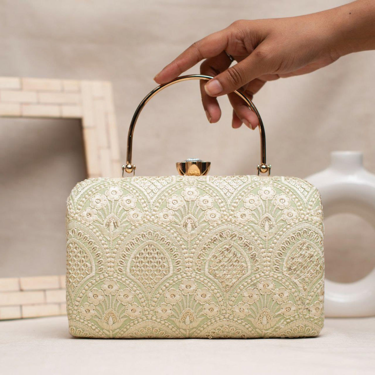 Chikankari box clutch/purse - pista green