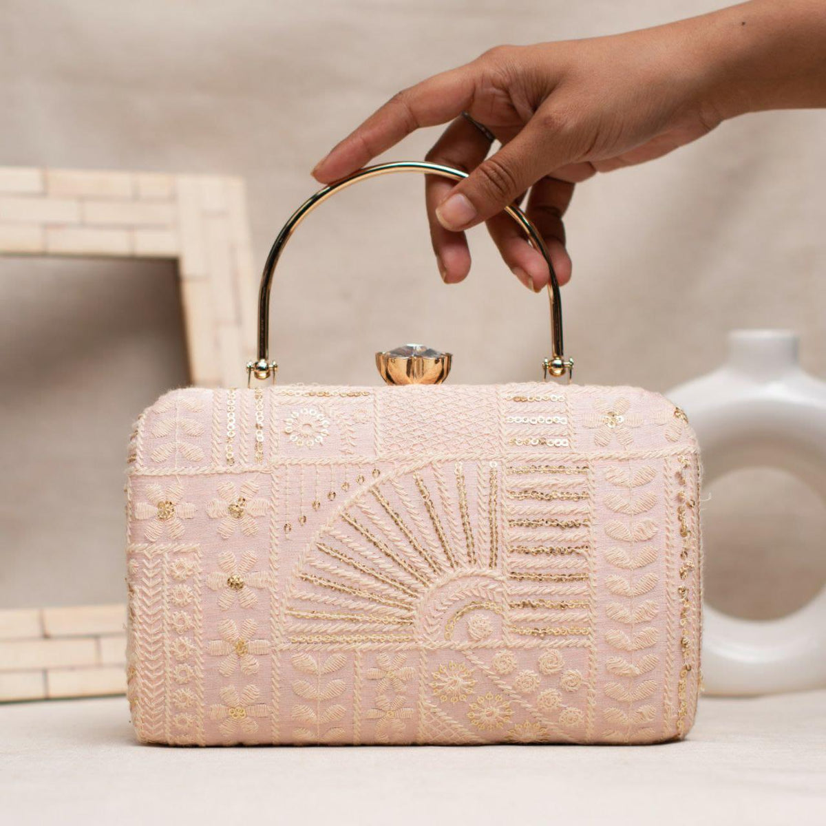 Chikankari box clutch/purse - peach