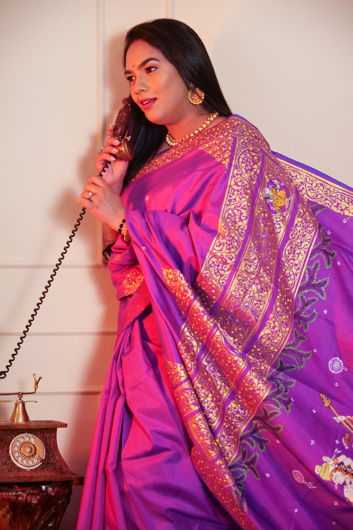 Handpainted Pure Silk Pattachitra Saree saree color - purple