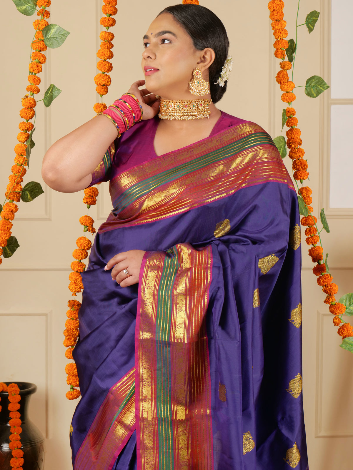 Pure Kanjeevaram Silk saree color - blue pink