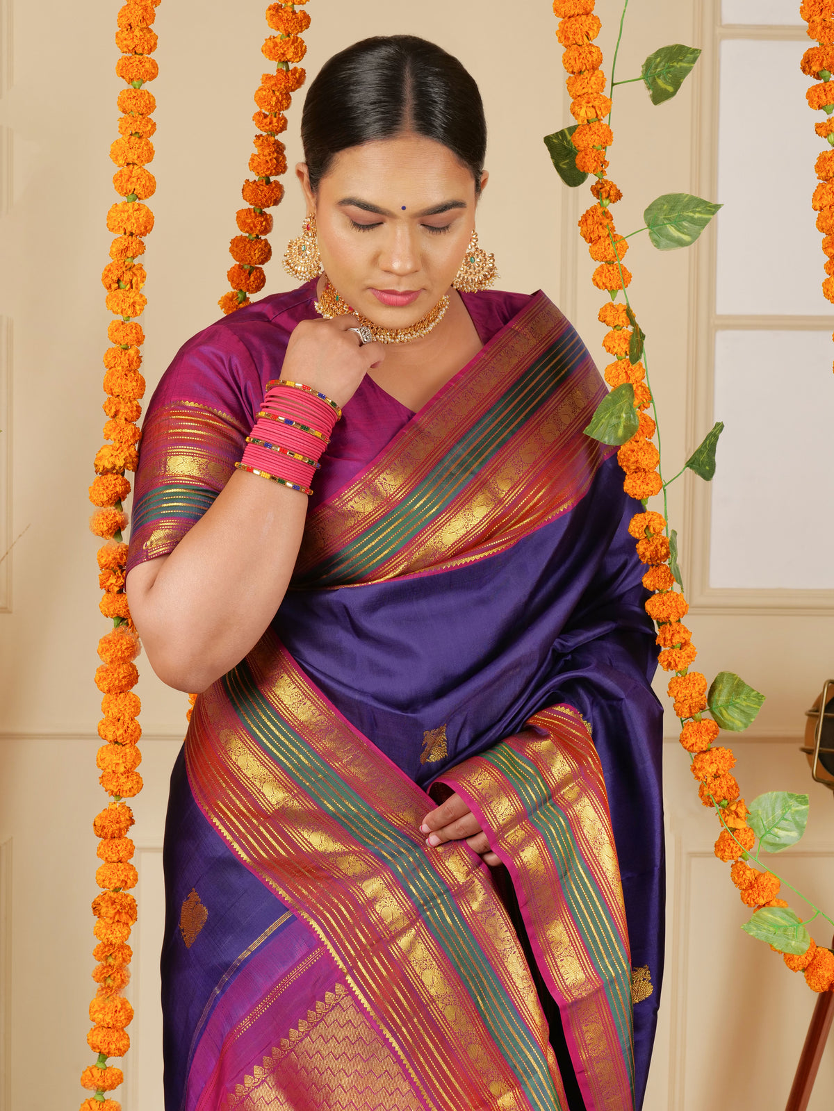 Pure Kanjeevaram Silk saree color - blue pink