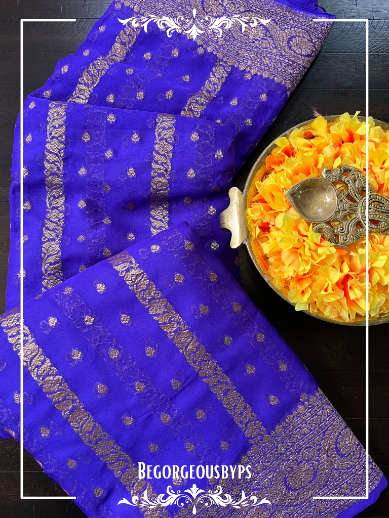 Banarasi Khaddi georgette silk weaved saree, silkmark certified - Bluish Purple dots & stripes