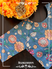 Kalamkari Front hooks sleeves Blouse Flowers blouse color - blue