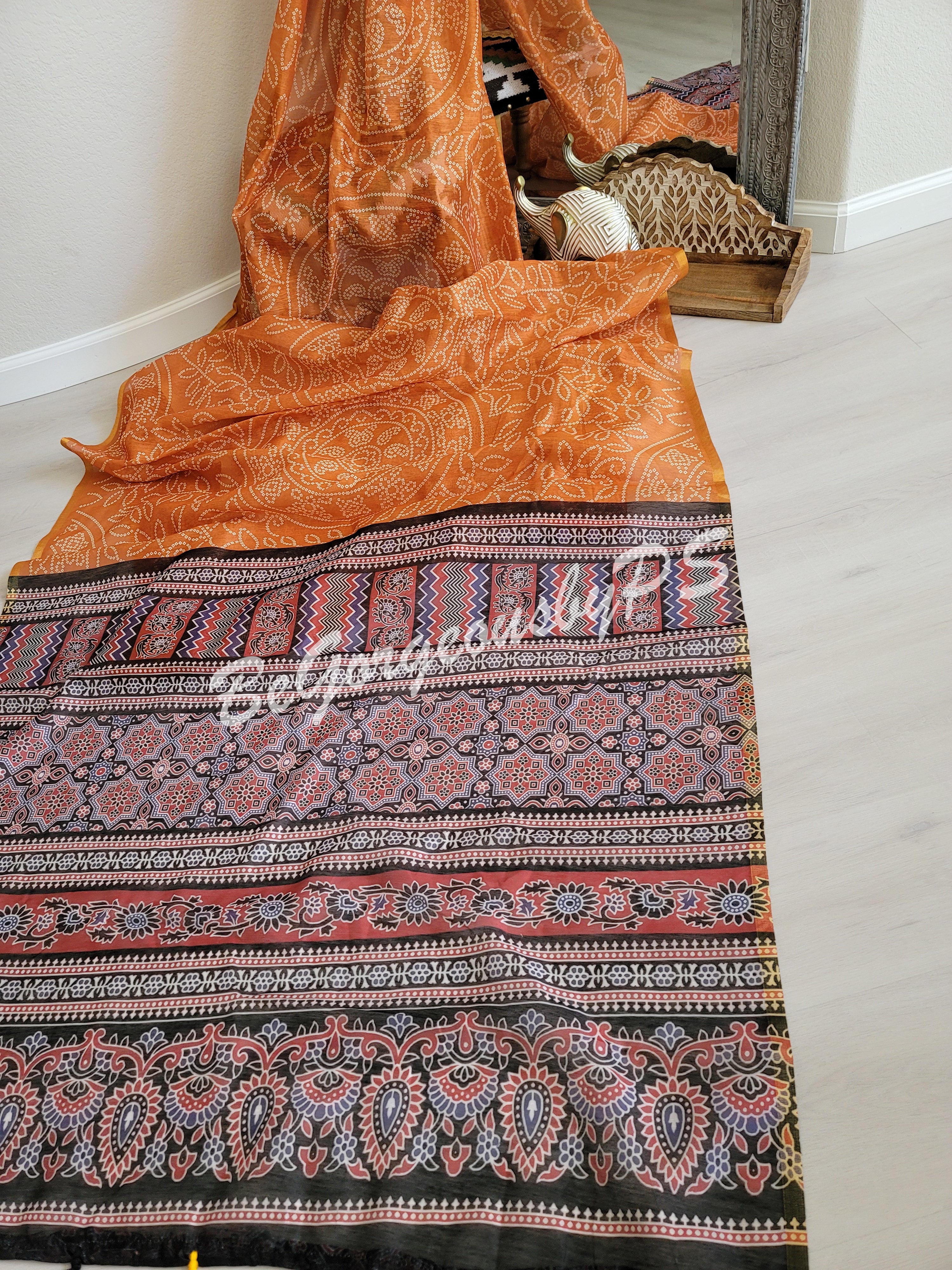 Soft linen bandhej printed saree with ajrak pallu