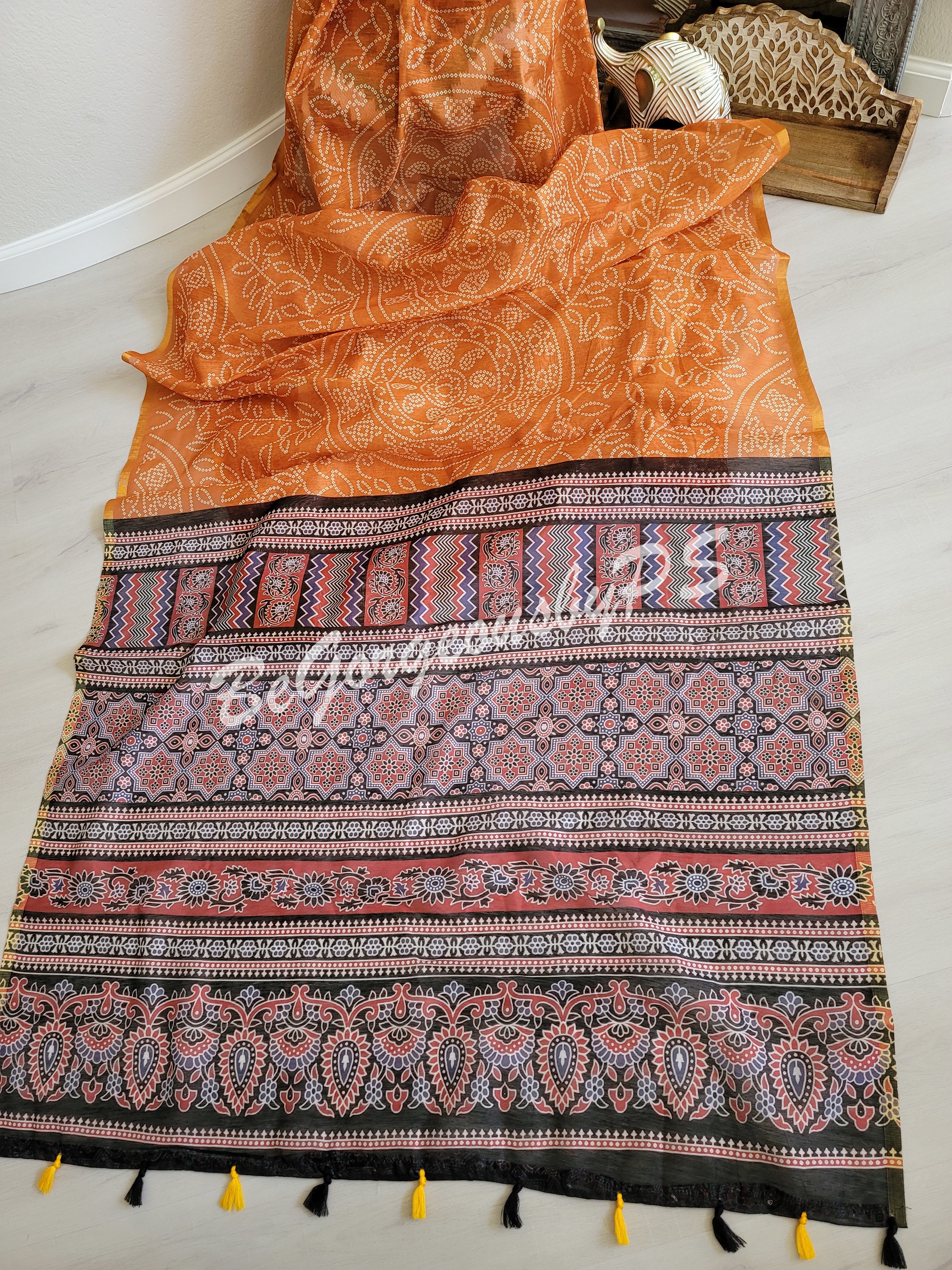 Soft linen bandhej printed saree with ajrak pallu