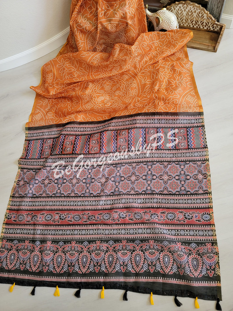 Soft linen bandhej printed saree with ajrak pallu