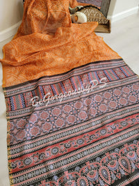 Soft linen bandhej printed saree with ajrak pallu